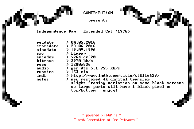 NFO for the release Independence.Day.1996.Extended.German.720p.BluRay.x264-CONTRiBUTiON by CONTRiBUTiON