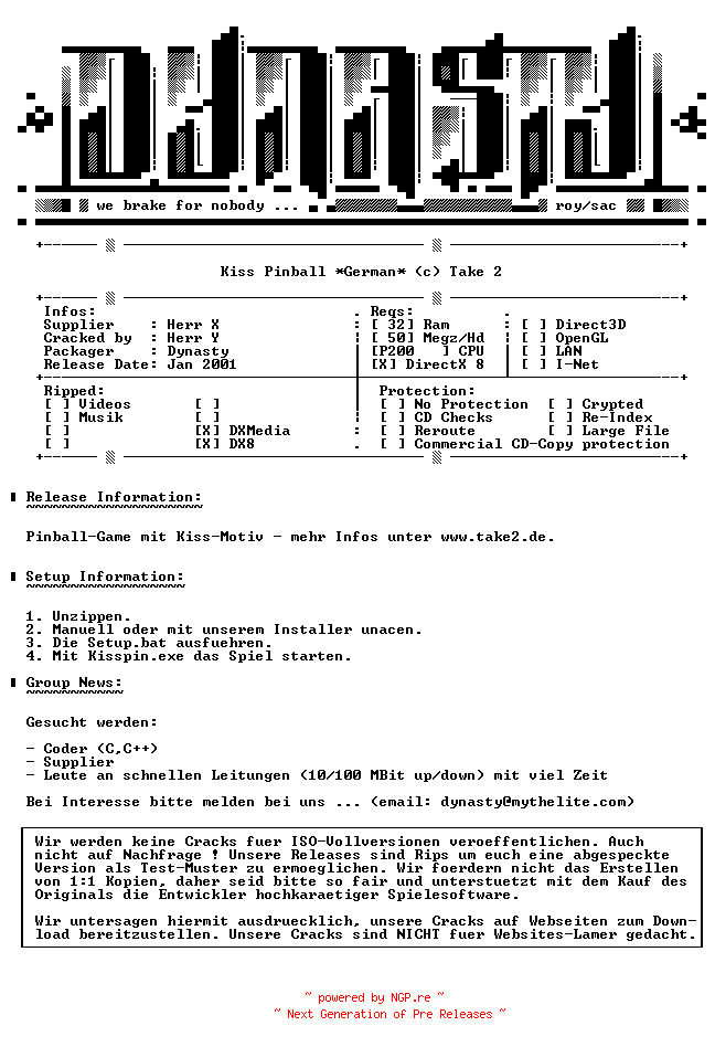 NFO for the release Kiss.Pinball.GERMAN-DYNASTY by DYNASTY