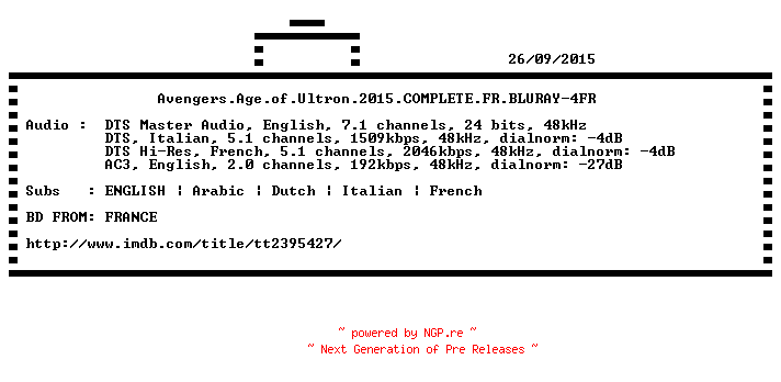NFO for the release Avengers.Age.of.Ultron.2015.COMPLETE.FR.BLURAY-4FR by 4FR