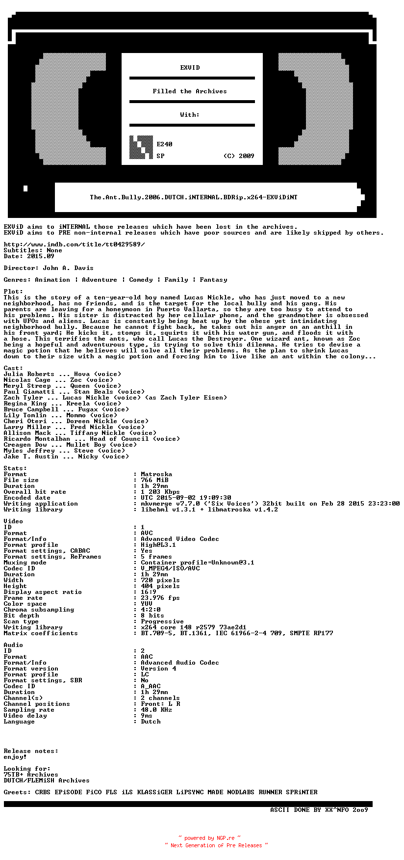 NFO for the release The.Ant.Bully.2006.DUTCH.iNTERNAL.BDRip.x264-EXViDiNT by EXViDiNT