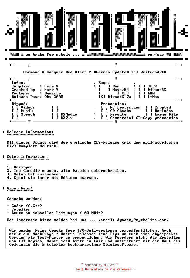 NFO for the release Command.and.Conquer.Red.Alert.2.GERMAN.Update-DYNASTY by DYNASTY