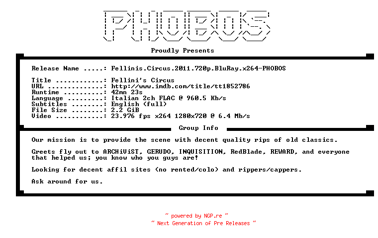 NFO for the release Fellinis.Circus.2011.720p.BluRay.x264-PHOBOS by PHOBOS