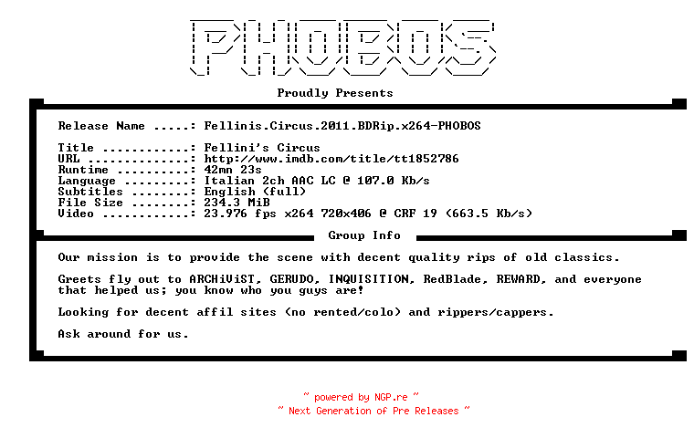 NFO for the release Fellinis.Circus.2011.BDRip.x264-PHOBOS by PHOBOS