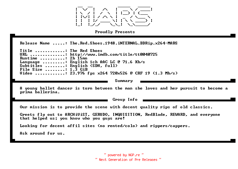 NFO for the release The.Red.Shoes.1948.iNTERNAL.BDRip.x264-MARS by MARS