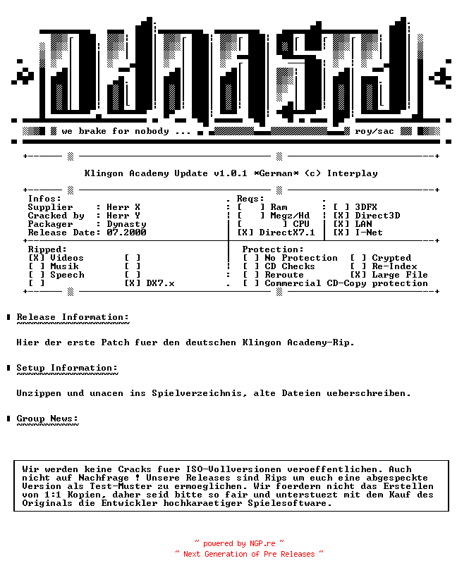 NFO for the release Klingon.Academy.Update.v1.0.1.GERMAN-DYNASTY by DYNASTY