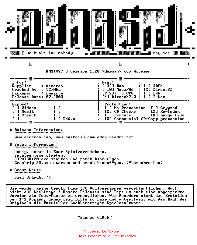 NFO for the release Anstoss3.GERMAN.Update.v.1.20-DYNASTY by DYNASTY