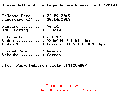 NFO for the release TinkerBell.und.die.Legende.vom.Nimmerbiest.German.2014.AC3.BDRiP.x264-EXQUiSiTE by EXQUiSiTE