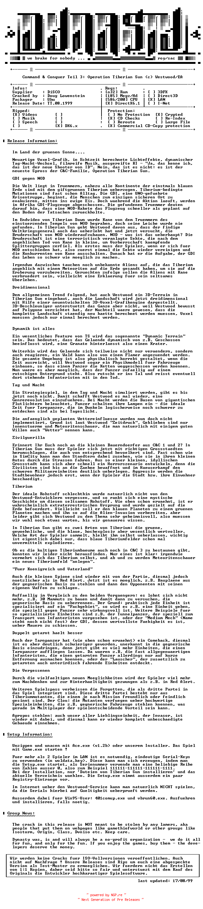 NFO for the release Command_and_Conquer_Teil_3_Operation_Tiberian_Sun_GERMAN-DYNASTY by DYNASTY