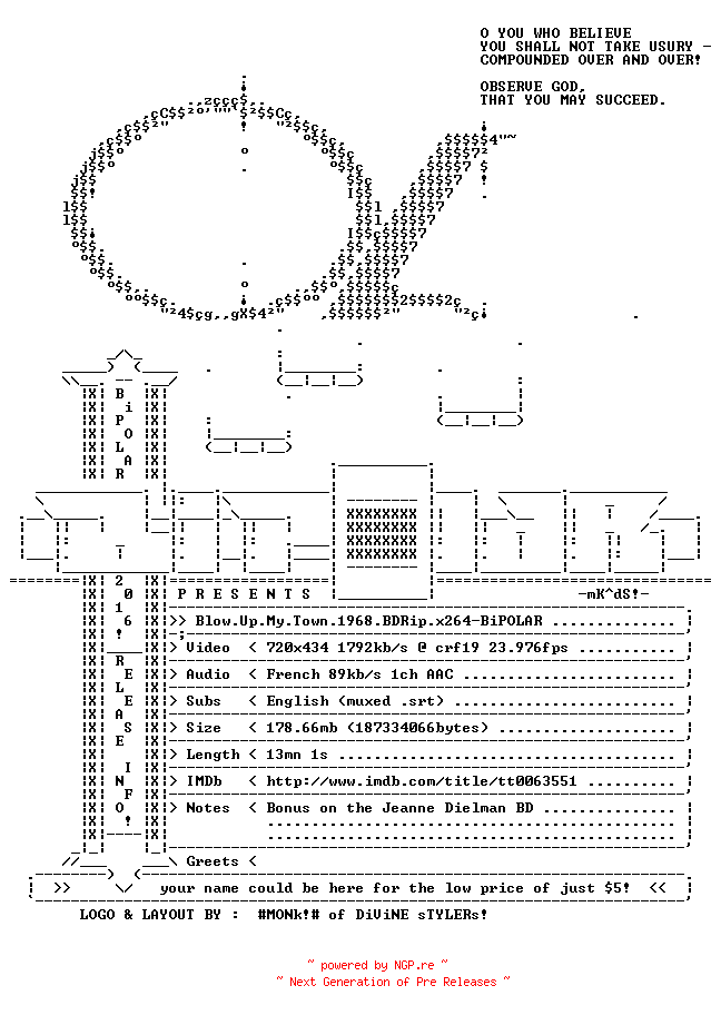 NFO for the release Blow.Up.My.Town.1968.BDRip.x264-BiPOLAR by BiPOLAR