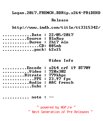 NFO for the release Logan.2017.FRENCH.BDRip.x264-PRiDEHD by PRiDEHD