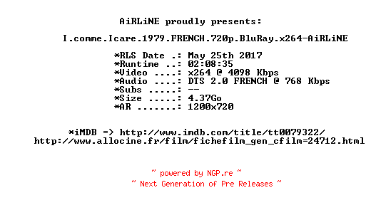 NFO for the release I.comme.Icare.1979.FRENCH.720p.BluRay.x264-AiRLiNE by AiRLiNE