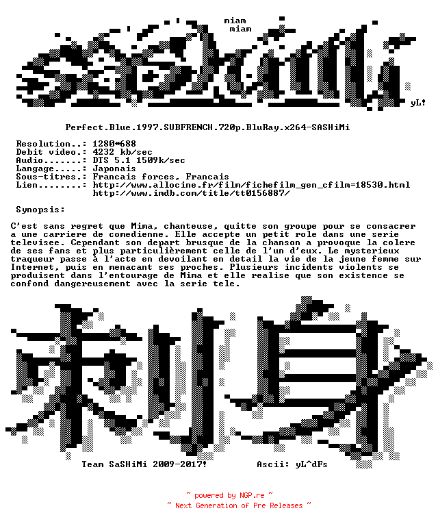 NFO for the release Perfect.Blue.1997.SUBFRENCH.720p.BluRay.x264-SASHiMi by SASHiMi