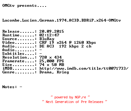 NFO for the release Lacombe.Lucien.German.1974.AC3D.BDRiP.x264-OMGtv by OMGtv