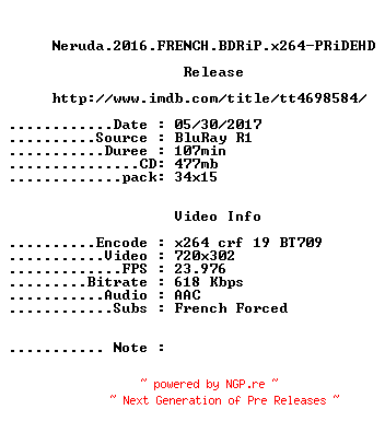 NFO for the release Neruda.2016.FRENCH.BDRiP.x264-PRiDEHD by PRiDEHD