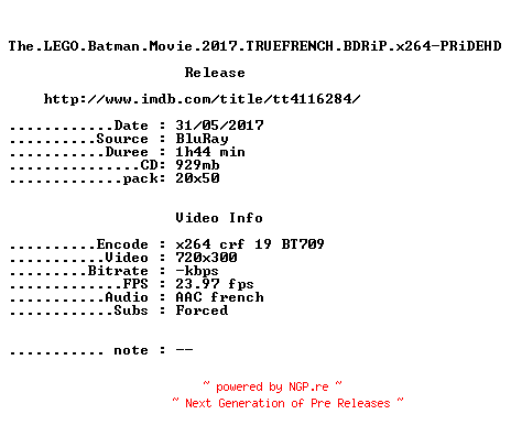 NFO for the release The.LEGO.Batman.Movie.2017.TRUEFRENCH.BDRiP.x264-PRiDEHD by PRiDEHD