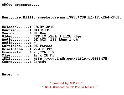 NFO for the release Monty.der.Millionenerbe.German.1983.AC3D.BDRiP.x264-OMGtv by OMGtv
