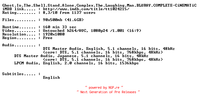 NFO for the release Ghost.In.The.Shell.Stand.Alone.Complex.The.Laughing.Man.BLURAY.COMPLETE-CiNEMATiC by CiNEMATiC