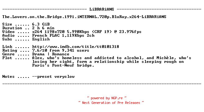 NFO for the release The.Lovers.on.the.Bridge.1991.iNTERNAL.720p.BluRay.x264-LiBRARiANS by LiBRARiANS