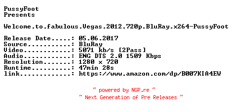 NFO for the release Welcome.to.fabulous.Vegas.2012.720p.BluRay.x264-PussyFoot by PussyFoot
