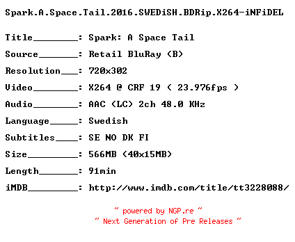 NFO for the release Spark.A.Space.Tail.2016.SWEDiSH.BDRip.X264-iNFiDEL by iNFiDEL
