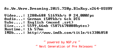 NFO for the release As.We.Were.Dreaming.2015.720p.BluRay.x264-USURY by USURY