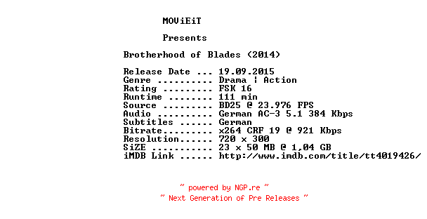 NFO for the release Brotherhood.of.Blades.German.2014.AC3.BDRip.x264-MOViEiT by MOViEiT