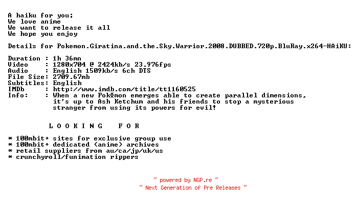 NFO for the release Pokemon.Giratina.and.the.Sky.Warrior.2008.DUBBED.720p.BluRay.x264-HAiKU by HAiKU