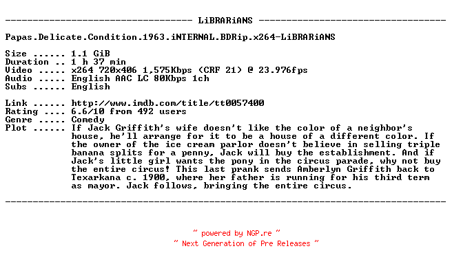 NFO for the release Papas.Delicate.Condition.1963.iNTERNAL.BDRip.x264-LiBRARiANS by LiBRARiANS