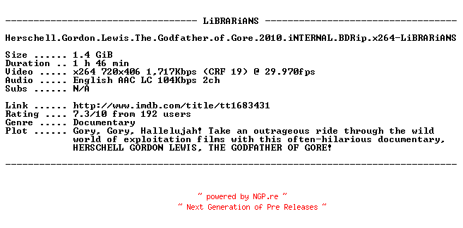 NFO for the release Herschell.Gordon.Lewis.The.Godfather.of.Gore.2010.iNTERNAL.BDRip.x264-LiBRARiANS by LiBRARiANS