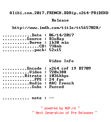 NFO for the release Alibi.com.2017.FRENCH.BDRip.x264-PRiDEHD by PRiDEHD