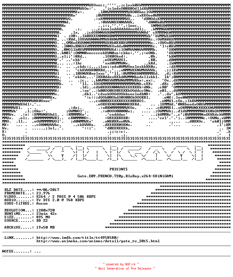 NFO for the release Gate.E09.FRENCH.720p.BluRay.x264-SHiNiGAMi by SHiNiGAMi