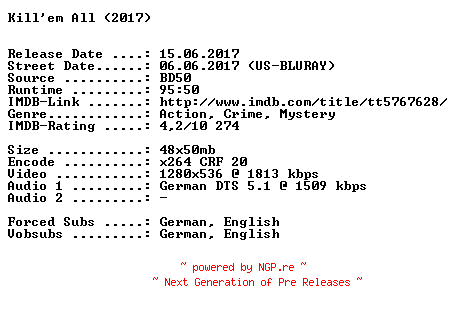 NFO for the release Kill.Em.All.2017.German.720p.BluRay.x264-SPiCY by SPiCY