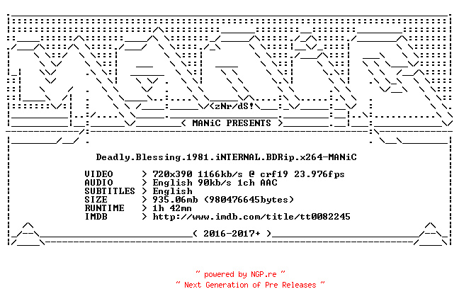 NFO for the release Deadly.Blessing.1981.iNTERNAL.BDRip.x264-MANiC by MANiC
