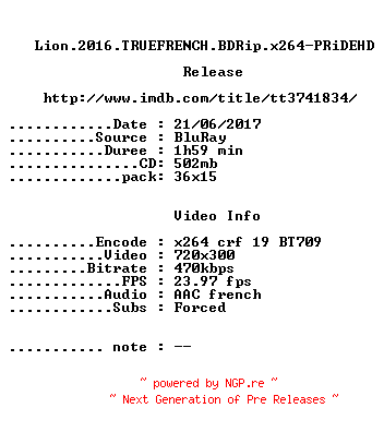 NFO for the release Lion.2016.TRUEFRENCH.BDRip.x264-PRiDEHD by PRiDEHD