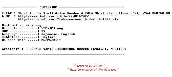 NFO for the release Ghost.in.the.Shell.Arise.Border.4.Ghost.Stand.Alone.2014.BDRip.x264-DEUTERiUM by DEUTERiUM