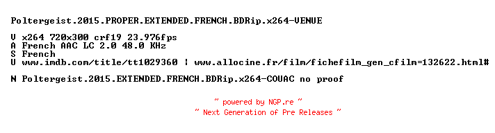 NFO for the release Poltergeist.2015.PROPER.EXTENDED.FRENCH.BDRip.x264-VENUE by VENUE