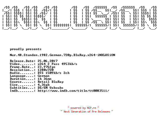 NFO for the release Nur.48.Stunden.1982.German.720p.BluRay.x264-iNKLUSiON by iNKLUSiON