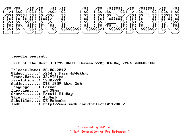 NFO for the release Best.of.the.Best.3.No.Turning.Back.1995.UNCUT.German.720p.BluRay.x264-iNKLUSiON by iNKLUSiON