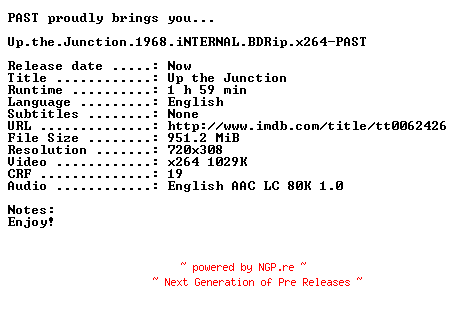 NFO for the release Up.the.Junction.1968.iNTERNAL.BDRip.x264-PAST by PAST