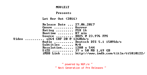 NFO for the release Let.Her.Out.2016.German.720p.BluRay.x264-MOViEiT by MOViEiT