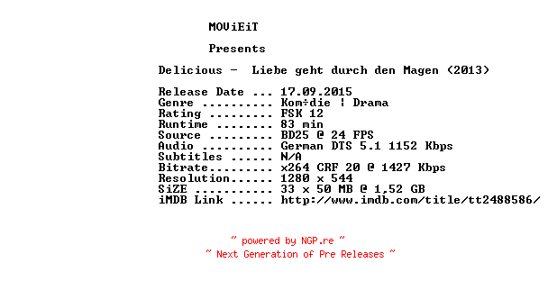 NFO for the release Delicious.2013.German.720p.BluRay.x264-MOViEiT by MOViEiT