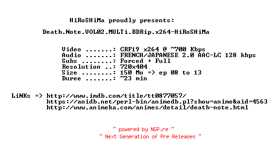 NFO for the release Death.Note.VOL02.MULTi.BDRip.x264-HiRoSHiMa by HiRoSHiMa