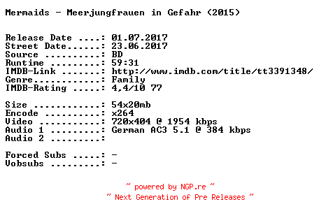 NFO for the release Mermaids.Meerjungfrauen.in.Gefahr.German.2015.AC3.BDRip.x264-SPiCY by SPiCY