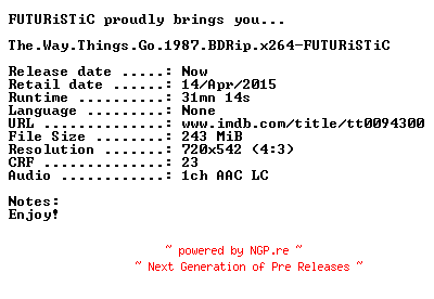 NFO for the release The.Way.Things.Go.1987.BDRip.x264-FUTURiSTiC by FUTURiSTiC