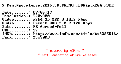 NFO for the release X-Men.Apocalypse.2016.3D.FRENCH.BDRip.x264-RUDE by RUDE