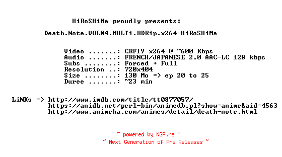 NFO for the release Death.Note.VOL04.MULTi.BDRip.x264-HiRoSHiMa by HiRoSHiMa