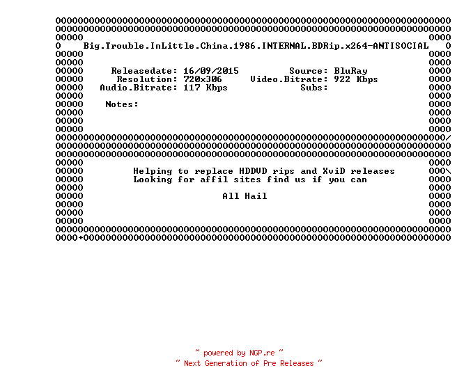 NFO for the release Big.Trouble.in.Little.China.1986.INTERNAL.BDRip.x264-ANTISOCIAL by ANTISOCIAL