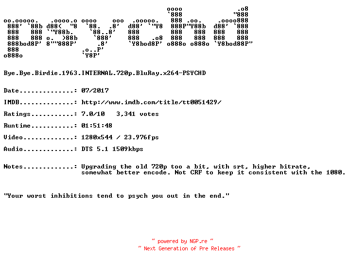 NFO for the release Bye.Bye.Birdie.1963.INTERNAL.720p.BluRay.x264-PSYCHD by PSYCHD