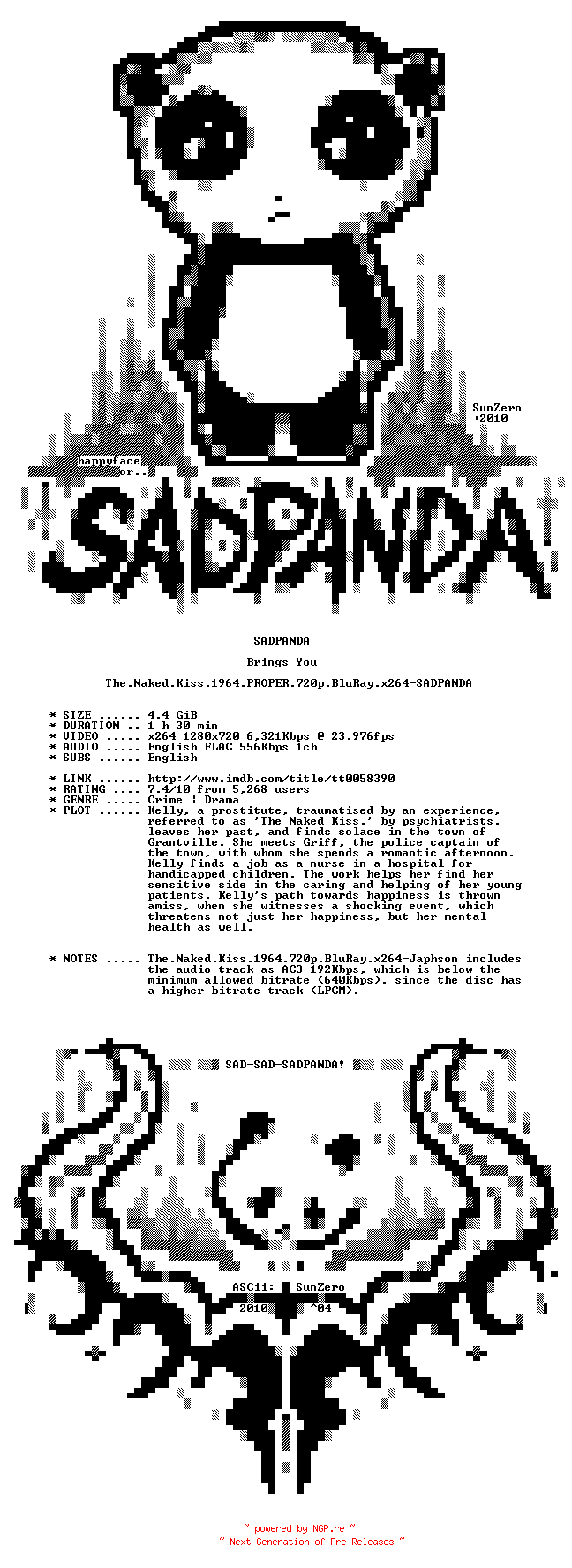 NFO for the release The.Naked.Kiss.1964.PROPER.720p.BluRay.x264-SADPANDA by SADPANDA