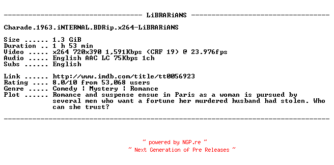 NFO for the release Charade.1963.iNTERNAL.BDRip.x264-LiBRARiANS by LiBRARiANS